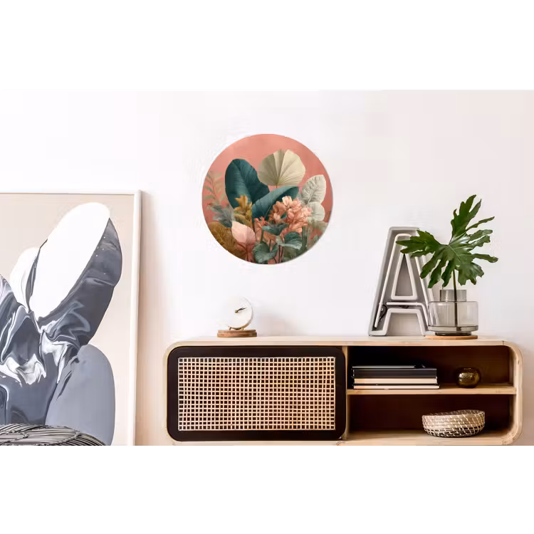 Tropische bladeren - Bloemen - Roze - groen Wandcirkel aluminium klein -kantoor