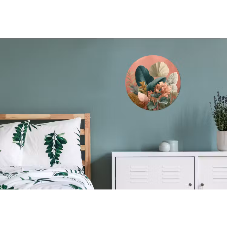 Tropische bladeren - Bloemen - Roze - groen Wandcirkel aluminium klein -slaapkamer