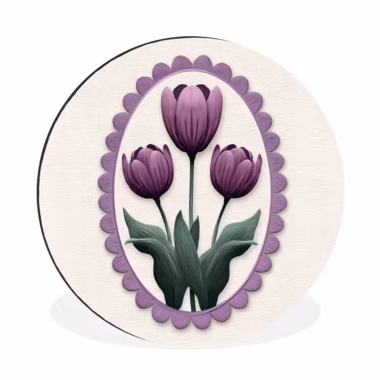 Tulpen - Paars - Lijst - Bladeren Wandcirkel aluminium klein -3d