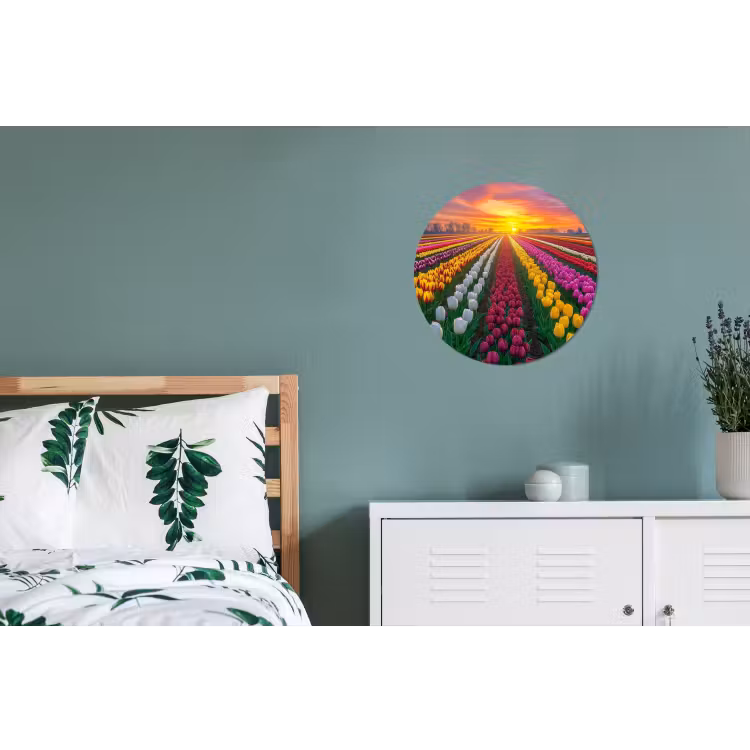 Tulpenveld - Zonsondergang - Kleurrijk Wandcirkel aluminium klein -slaapkamer