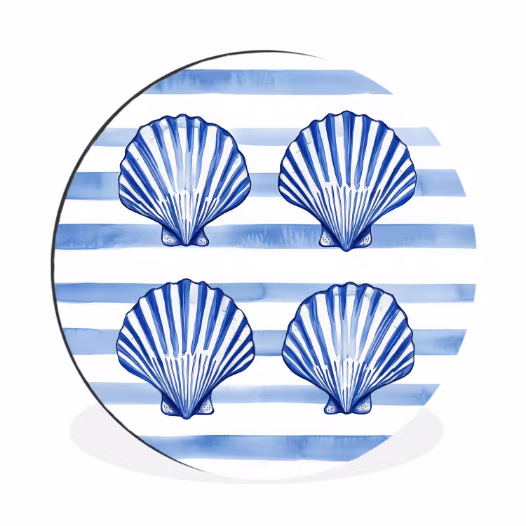 Vier schelpen - Blauw - Wit - Strepen Wandcirkel aluminium klein -3d