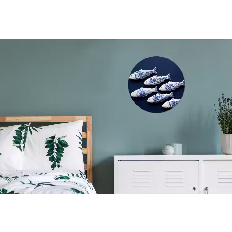 Vissen - Delfts - Blauw - Keramiek Wandcirkel aluminium klein -slaapkamer