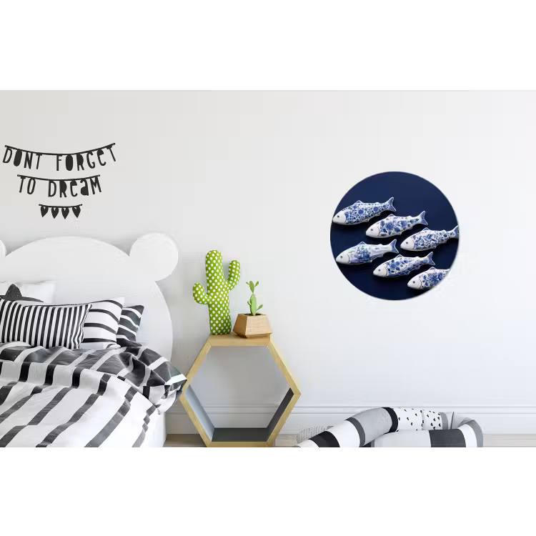 Vissen - Delfts - Blauw - Keramiek Wandcirkel aluminium klein -kinderkamer
