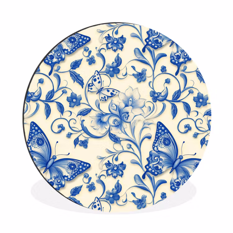 Vlinders - Bloemen - Blauw - Botanisch Wandcirkel aluminium klein 190 -3d