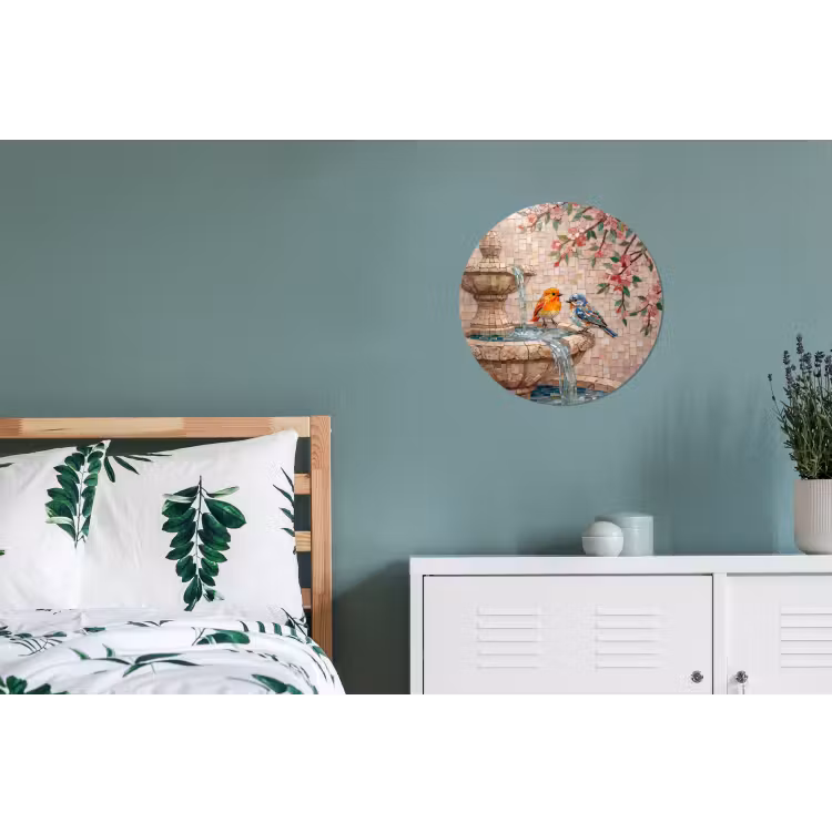 Vogel - fontein - mozaiek - kleurrijk - dieren Wandcirkel aluminium klein -slaapkamer
