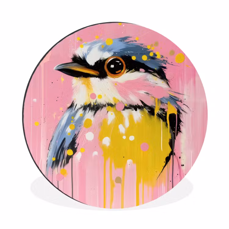 Vogel - Roze - Geel - Blauw Wandcirkel aluminium klein -3d