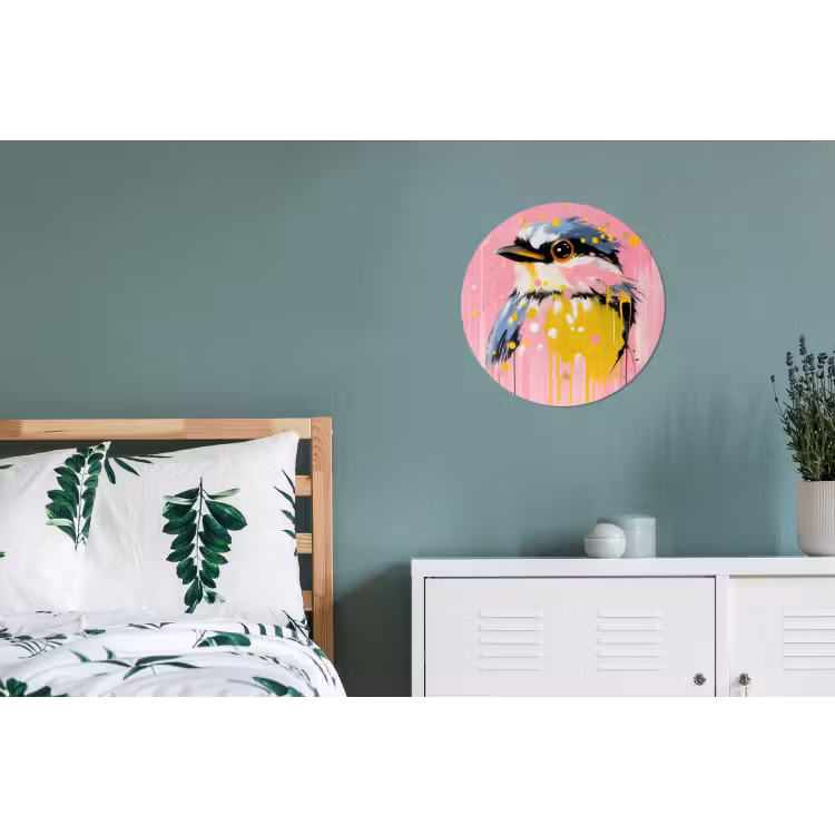 Vogel - Roze - Geel - Blauw Wandcirkel aluminium klein -slaapkamer