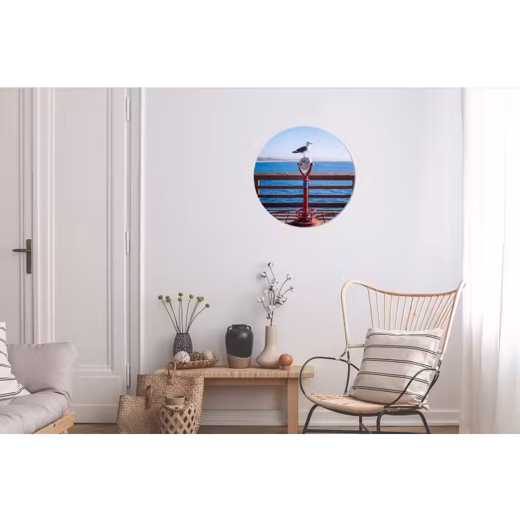 Vogel - Verrekijker - Kust - Zee - Blauw Wandcirkel aluminium klein -woonkamer