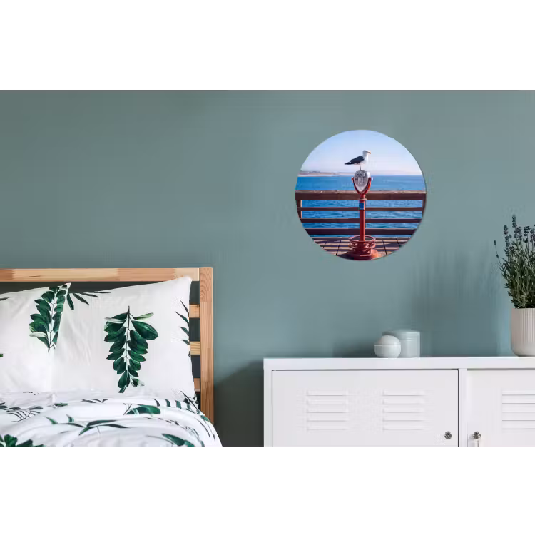 Vogel - Verrekijker - Kust - Zee - Blauw Wandcirkel aluminium klein -slaapkamer