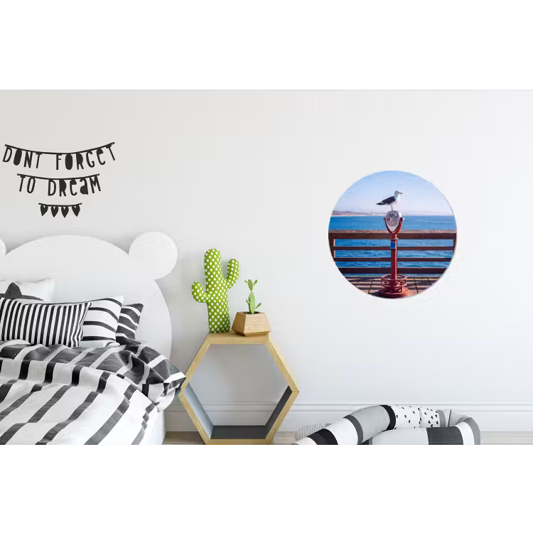 Vogel - Verrekijker - Kust - Zee - Blauw Wandcirkel aluminium klein -kinderkamer