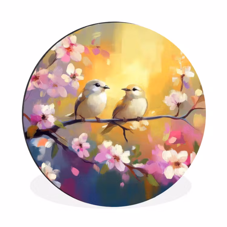 Vogels - Bloemen - Roze Wandcirkel aluminium klein -3d
