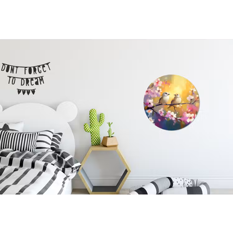 Vogels - Bloemen - Roze Wandcirkel aluminium klein -kinderkamer