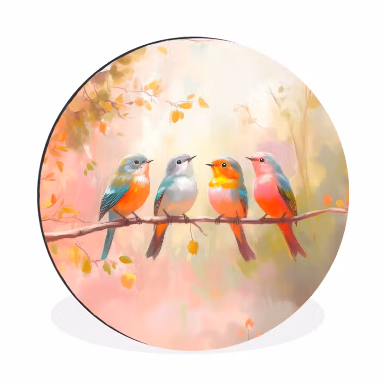 Vogels - Kleurrijk - Tak Wandcirkel aluminium klein -3d