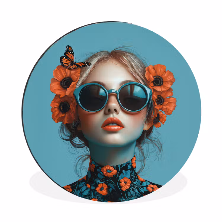 Vrouw - Blauw - Vlinder - Bloemen - Aesthetic Wandcirkel aluminium klein -3d