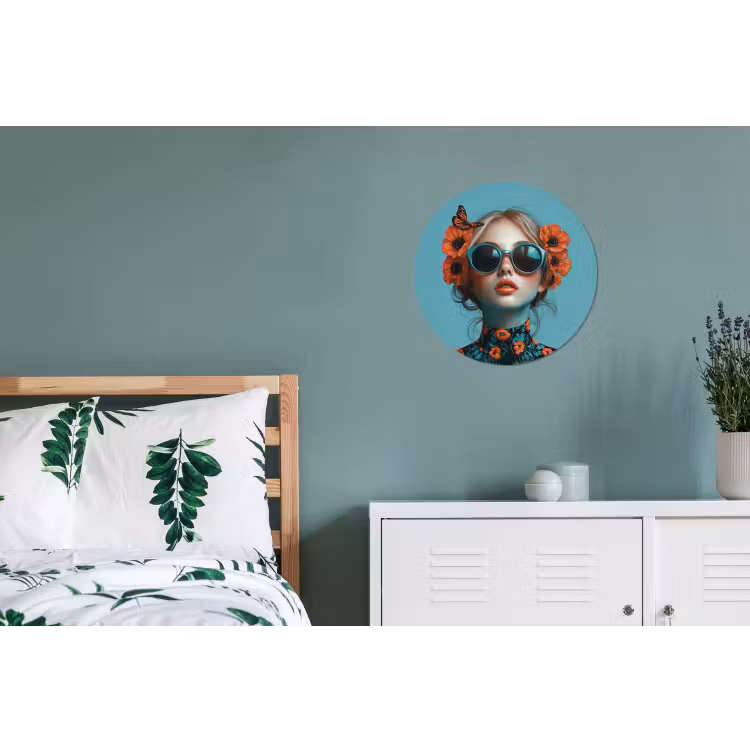 Vrouw - Blauw - Vlinder - Bloemen - Aesthetic Wandcirkel aluminium klein -slaapkamer