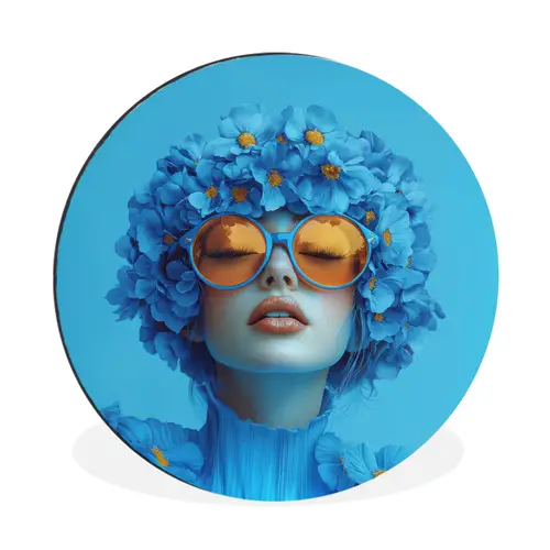 Vrouw - Bloem - Blauw - Modern - Bril - Portret Wandcirkel aluminium klein -3d