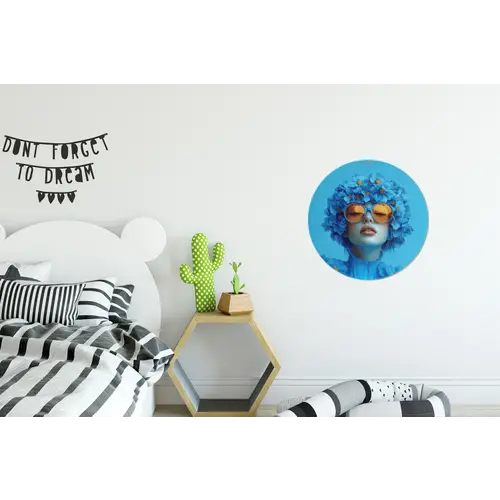 Vrouw - Bloem - Blauw - Modern - Bril - Portret Wandcirkel aluminium klein -kinderkamer