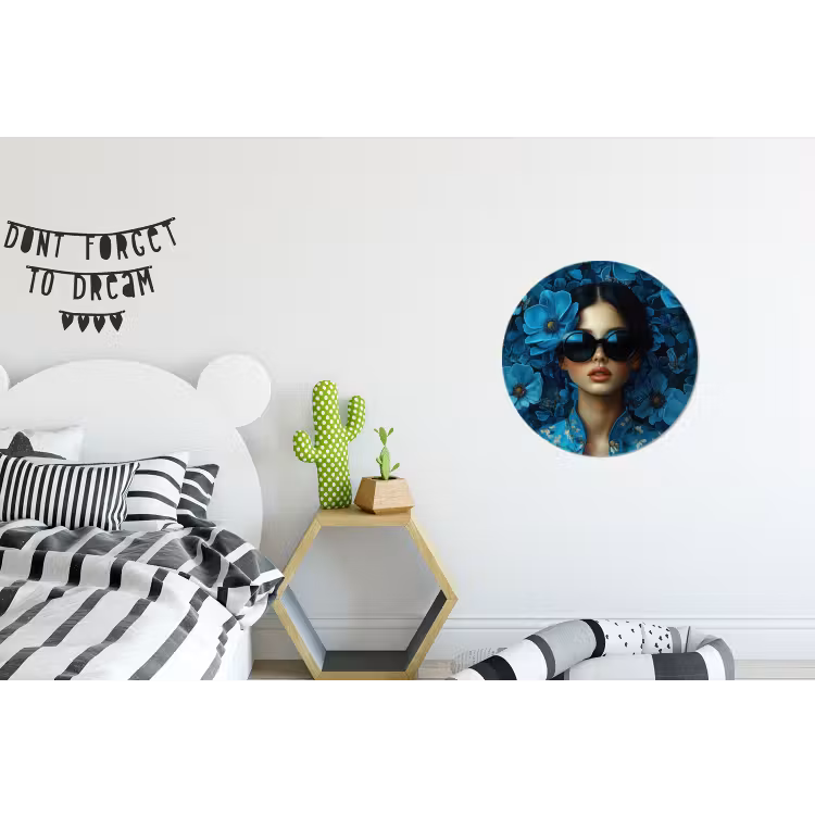 Vrouw - Bloemen - Blauw - Aesthetic - Luxe Wandcirkel aluminium klein -kinderkamer