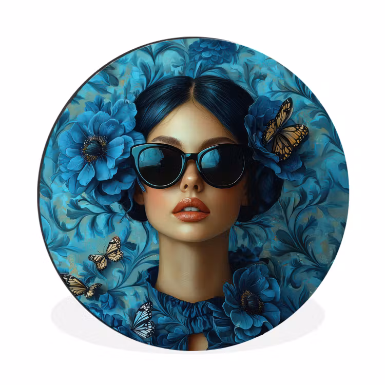 Vrouw - Bloemen - Vlinders - Blauw - Abstract Wandcirkel aluminium klein -3d