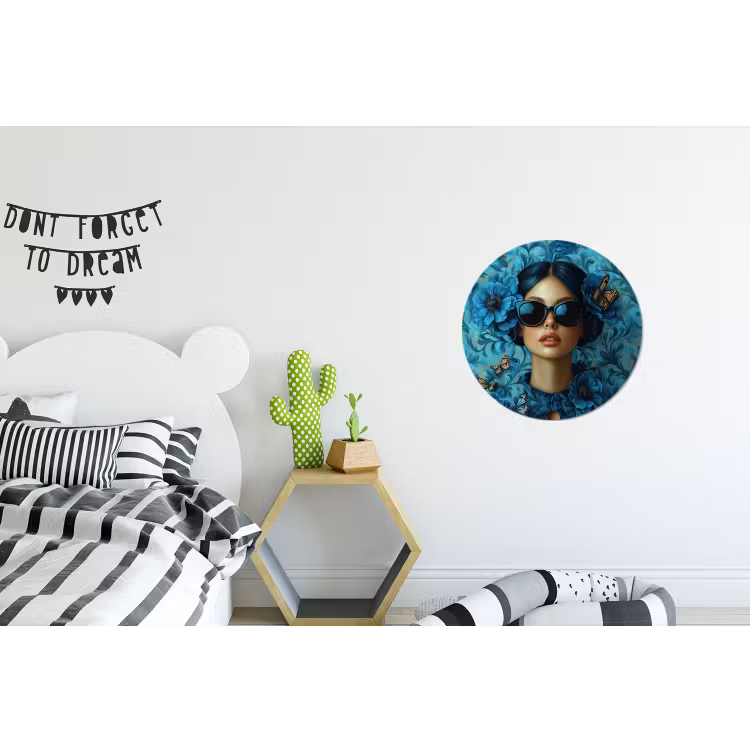 Vrouw - Bloemen - Vlinders - Blauw - Abstract Wandcirkel aluminium klein -kinderkamer