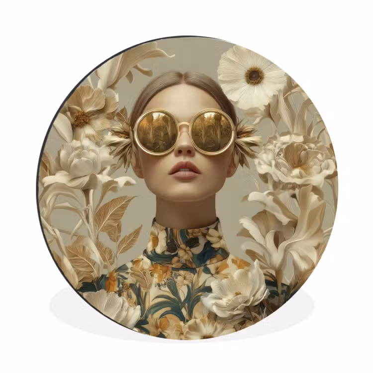 Vrouw - Bloemen - Zonnebril - Wit Wandcirkel aluminium klein -3d