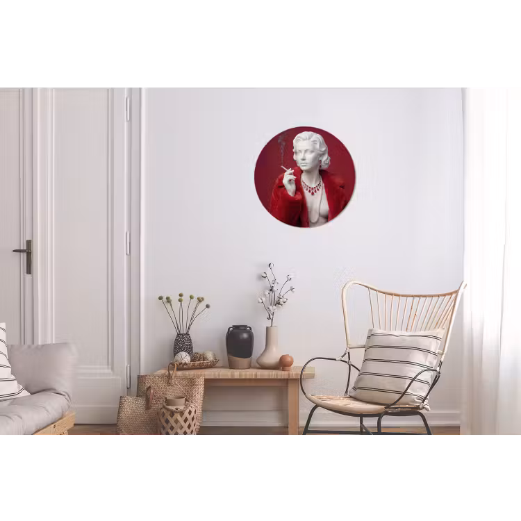 Vrouw - Bontjas - Mode - Klassiek - Rood Wandcirkel aluminium klein -woonkamer