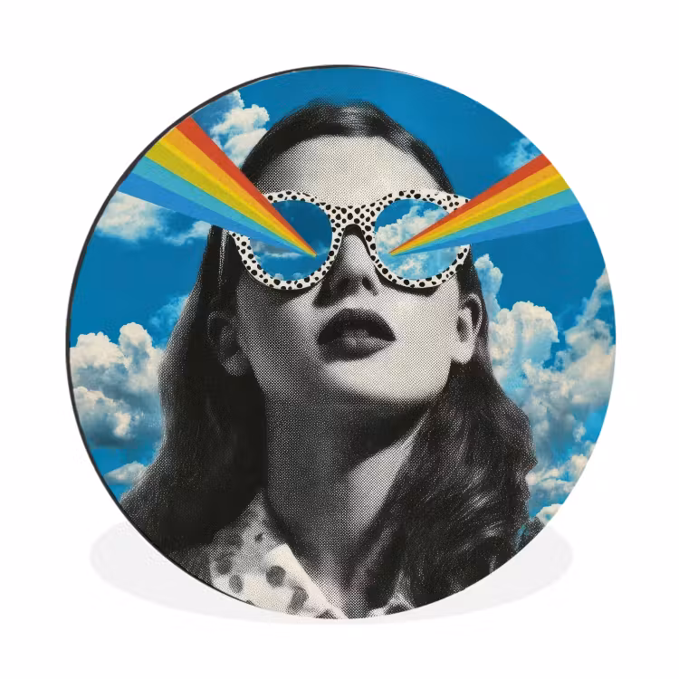 Vrouw - Bril - Regenboog - Wolken Wandcirkel aluminium klein -3d