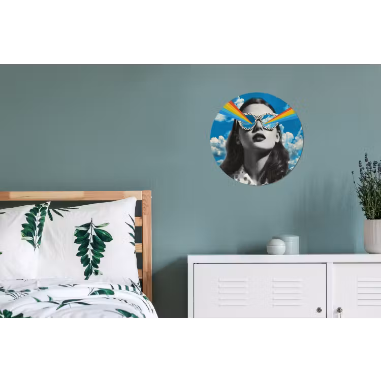 Vrouw - Bril - Regenboog - Wolken Wandcirkel aluminium klein -slaapkamer