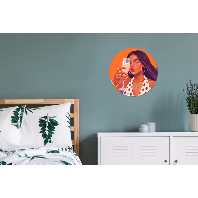 Vrouw - Champagne - Feest - Modern - Oranje Wandcirkel aluminium klein -slaapkamer