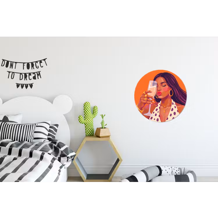 Vrouw - Champagne - Feest - Modern - Oranje Wandcirkel aluminium klein -kinderkamer