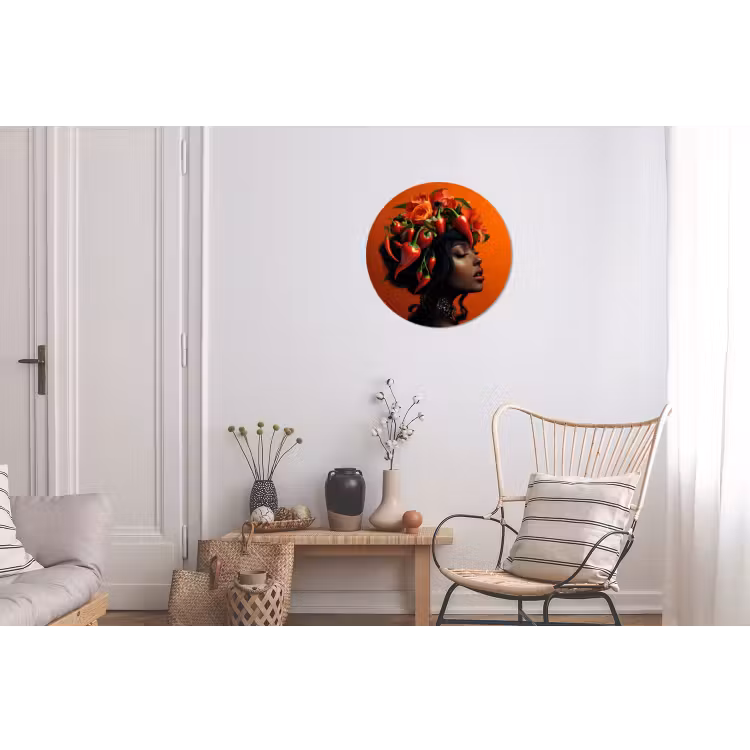 Vrouw - Chilipepers - Pepers - Bloemen Wandcirkel aluminium klein -woonkamer