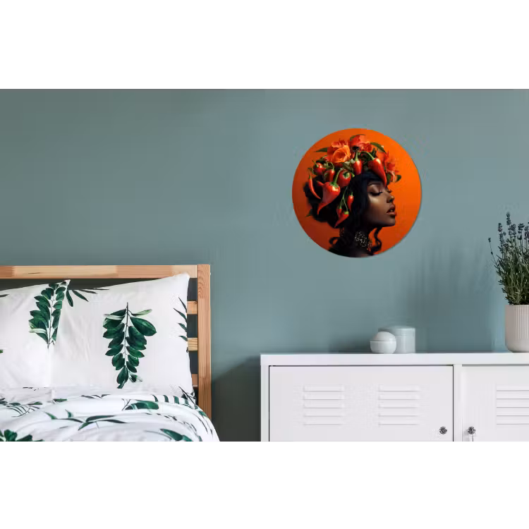 Vrouw - Chilipepers - Pepers - Bloemen Wandcirkel aluminium klein -slaapkamer