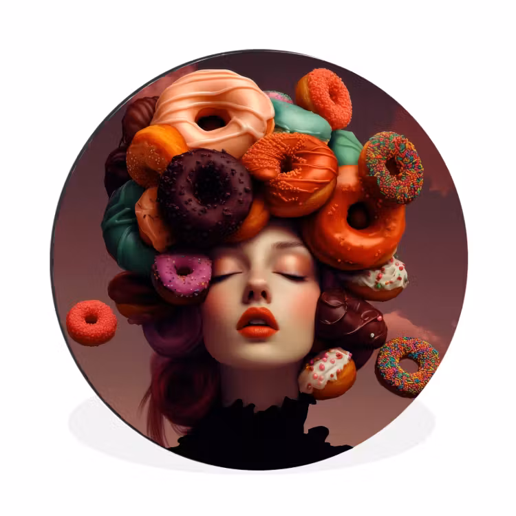 Vrouw - Donuts - Kleurrijk Wandcirkel aluminium klein -3d
