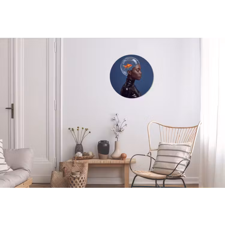 Vrouw - Goudvis - Hoofd - Abstract - Blauw Wandcirkel aluminium klein -woonkamer