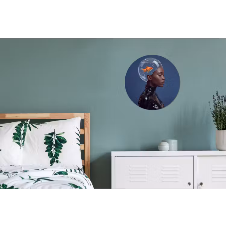 Vrouw - Goudvis - Hoofd - Abstract - Blauw Wandcirkel aluminium klein -slaapkamer