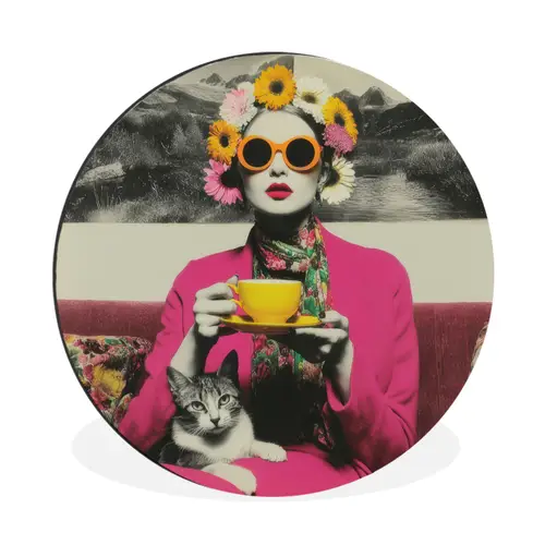 Vrouw - Kat - Bloemen - Kopje - Retro Wandcirkel aluminium klein -3d