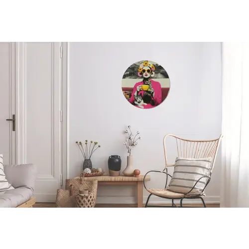 Vrouw - Kat - Bloemen - Kopje - Retro Wandcirkel aluminium klein -woonkamer