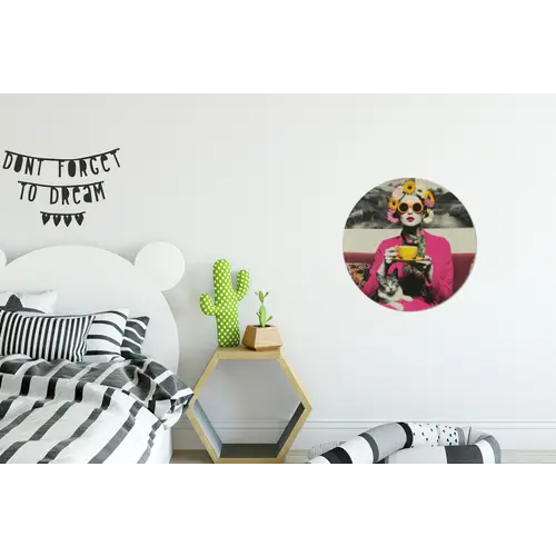 Vrouw - Kat - Bloemen - Kopje - Retro Wandcirkel aluminium klein -kinderkamer