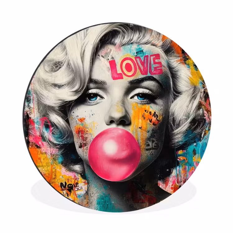 Vrouw - Kauwgom - Graffiti - Neonkleuren Wandcirkel aluminium klein -3d
