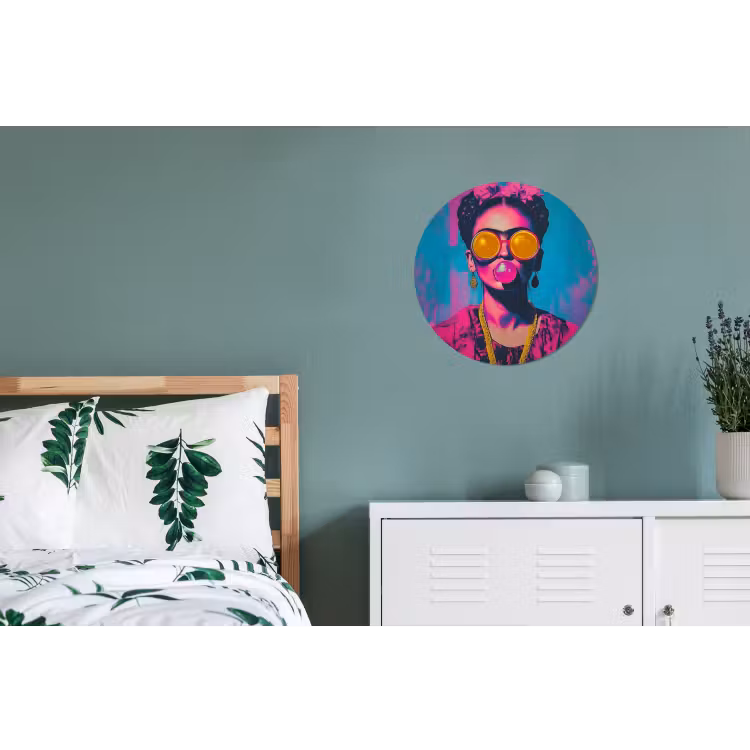 Vrouw - Kauwgom - Zonnebril - Oranje Wandcirkel aluminium klein -slaapkamer