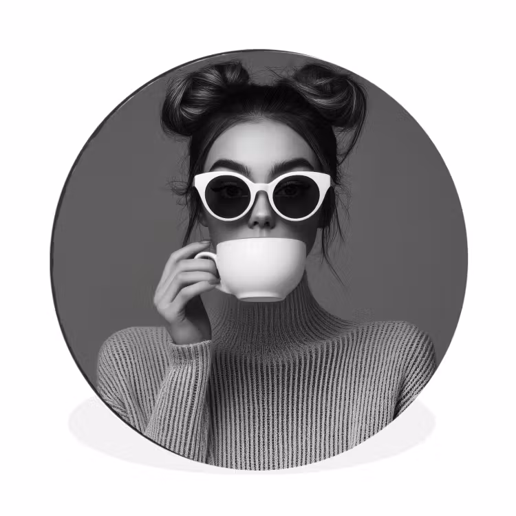 Vrouw - Koffie - Zwart - Wit Wandcirkel aluminium klein -3d