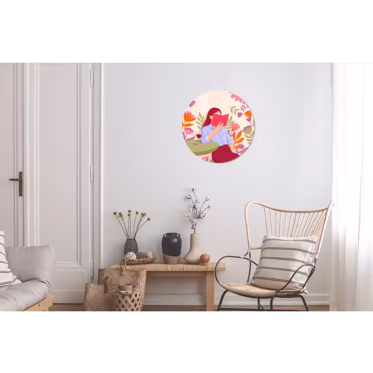 Vrouw - Lezen - Thuis - Modern - Bloemen Wandcirkel aluminium klein -woonkamer