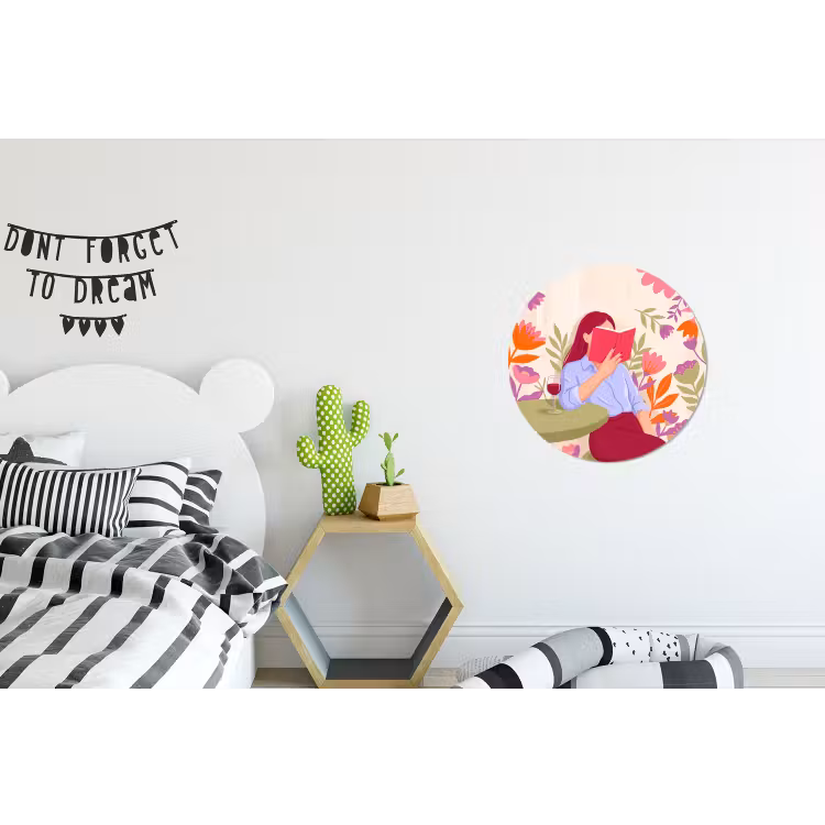 Vrouw - Lezen - Thuis - Modern - Bloemen Wandcirkel aluminium klein -kinderkamer