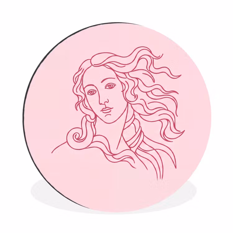 Vrouw - Portret - Klassiek - Line-art - Roze Wandcirkel aluminium klein -3d