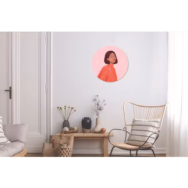 Vrouw - Portret - Modern - Kunst - Roze Wandcirkel aluminium klein -woonkamer