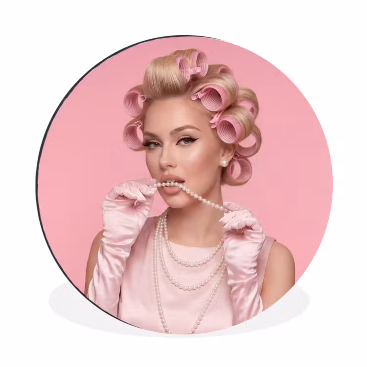 Vrouw - Roze - Parelketting - Krulspelden Wandcirkel aluminium klein -3d