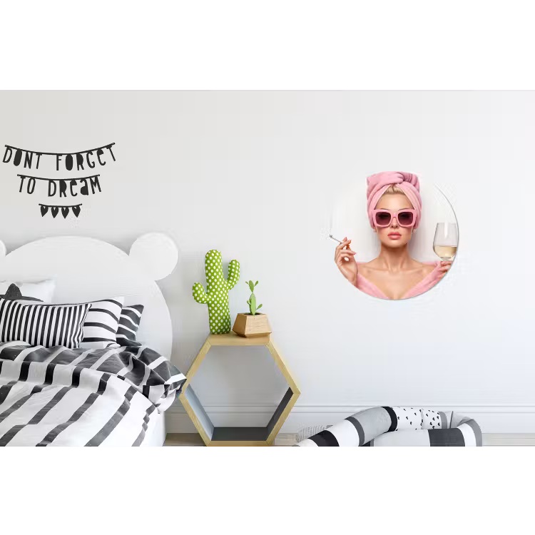 Vrouw - Roze - Wijn - Zonnebril Wandcirkel aluminium klein -kinderkamer