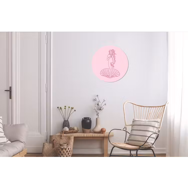 Vrouw - Schelp - Kunst - Lijntekening - Roze Wandcirkel aluminium klein -woonkamer