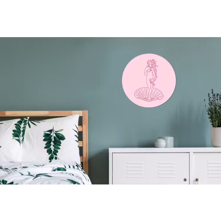 Vrouw - Schelp - Kunst - Lijntekening - Roze Wandcirkel aluminium klein -slaapkamer