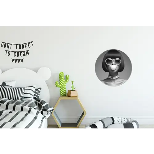 Vrouw - Zwart Wit - Ketting - Zonnebril Wandcirkel aluminium klein -kinderkamer